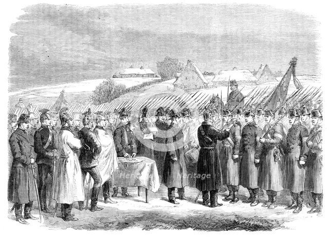 The War in Schleswig: distributing medals to Austrian troops at Hoptrup..., 1864. Creator: Unknown.