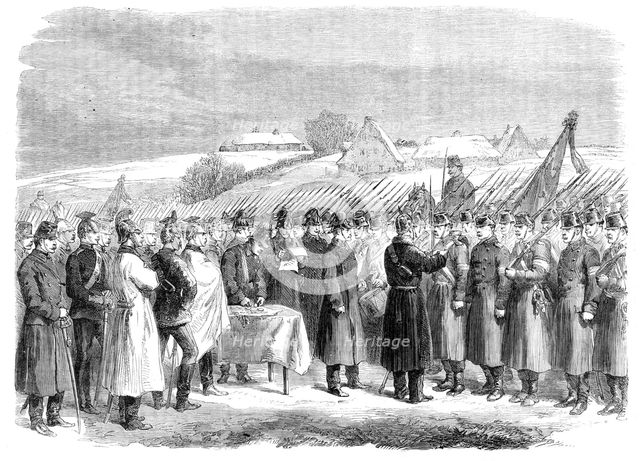 The War in Schleswig: distributing medals to Austrian troops at Hoptrup..., 1864. Creator: Unknown.