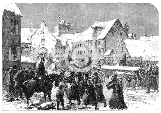 The War in Schleswig: Prussian ammunition-train entering Flensburg - by our special artist, 1864. Creator: Unknown.