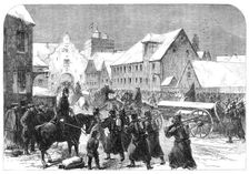 The War in Schleswig: Prussian ammunition-train entering Flensburg - by our special artist, 1864. Creator: Unknown