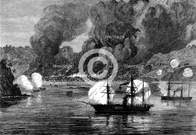 The War on the Gold Coast: bombardment of Bootry by H.M.S. Argus and decoy, 1873. Creator: Unknown.