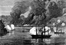 The War on the Gold Coast: bombardment of Bootry by H.M.S. Argus and decoy, 1873. Creator: Unknown