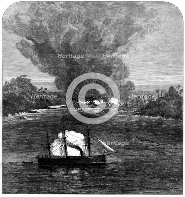 The War on the Gold Coast: H.M.S. Druid destroying the village of Aguidah, 1873. Creator: William James Palmer.