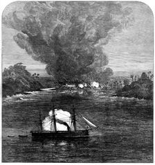 The War on the Gold Coast: H.M.S. Druid destroying the village of Aguidah, 1873. Creator: William James Palmer