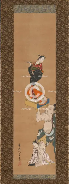 The Warrior Asahina Yoshihide Lifting a Puppet of a Courtesan on a Go Board , mid-18th century. Creator: Torii Kiyoshige.