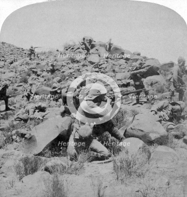 The Warwicks skirmishing with Boers near Weppener, east of Bloemfontein, South Africa, 1901. Artist: Underwood & Underwood