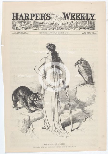 The Watch on Spoilers. The Democratic Tigers and Republian Vultures Must Be Kept at Bay., 1886. Creator: Thomas Nast.