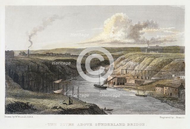 The Wear above Sunderland Iron Bridge, c1829.  Artist: R Francis