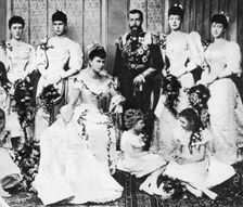 The wedding group of King George and Queen Mary, 6 July 1893