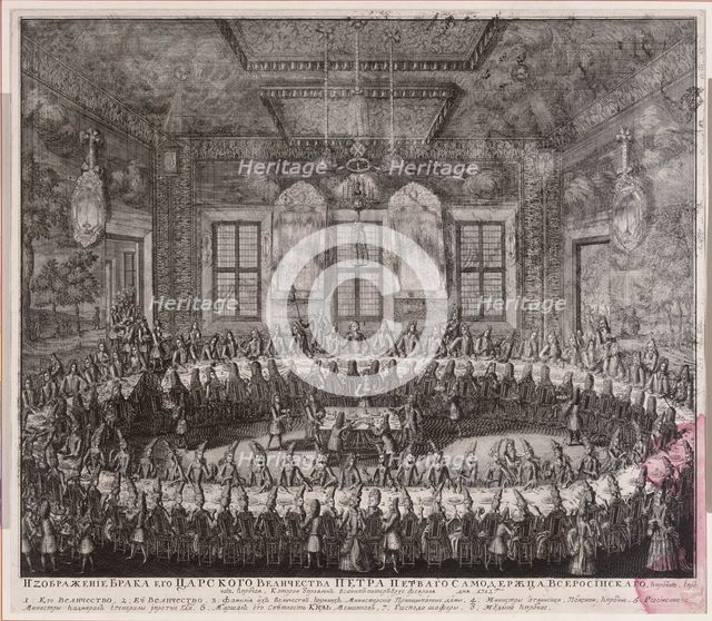 The Wedding Feast of Peter I and Catherine in the Winter Palace in St. Petersburg on February 19, 1712, 1712. Artist: Zubov, Alexei Fyodorovich (1682-after 1750)
