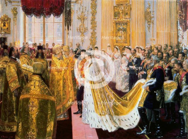 The wedding of Tsar Nicholas II and the Princess Alix of Hesse-Darmstadt on November 26, 1894.  Creator: Tuxen, Laurits Regner (1853-1927).