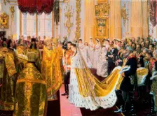 The wedding of Tsar Nicholas II and the Princess Alix of Hesse-Darmstadt on November 26, 1894. Creator: Tuxen, Laurits Regner (1853-1927)