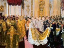 The wedding of Tsar Nicholas II and the Princess Alix of Hesse-Darmstadt on November 26, 1894. Creator: Tuxen, Laurits Regner (1853-1927)
