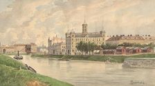 The Weissgärber Lände in Vienna with the Danube steamship building, 1895. Creator: Vincenz Havlicek