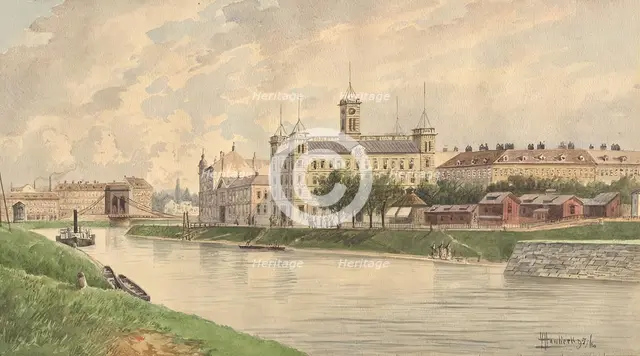 The Weissgärber Lände in Vienna with the Danube steamship building, 1895. Creator: Vincenz Havlicek.