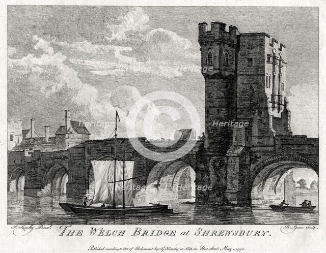 'The Welch Bridge at Shrewsbury', Shropshire, 1776. Artist: B Green