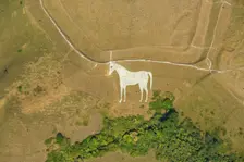 The Westbury White Horse, a chalk hill figure on Bratton Castle hillfort, Westbury, Wiltshire, 2022. Creator: Damian Grady