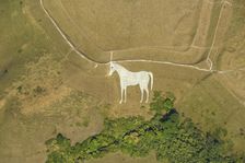 The Westbury White Horse, a chalk hill figure on Bratton Castle hillfort, Westbury, Wiltshire, 2022. Creator: Damian Grady