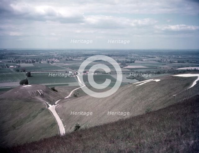 The White Horse and Dragon Hill from the top of White Horse Hill, Berkshire, c1955.  Creator: Arthur Charles Kirby Ware.
