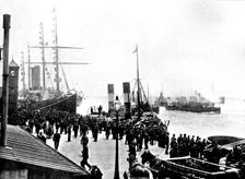 The White Star R.M.S. "Germanic," lying at Liverpool landing-stage, outward bound for New York, 1895 Creator: George Meisenbach