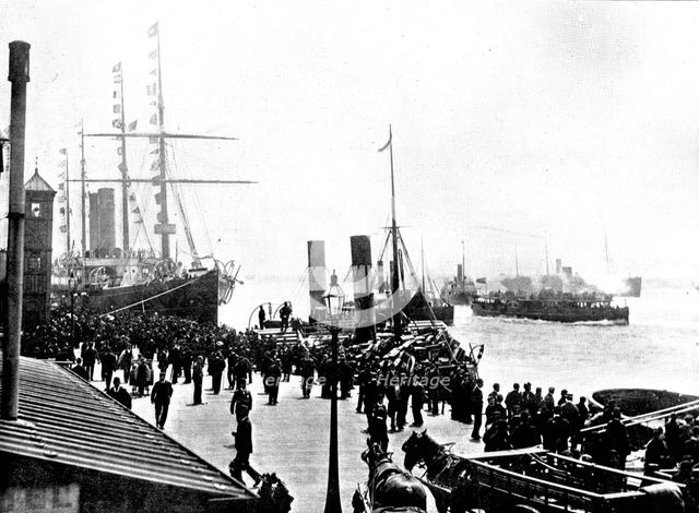 The White Star R.M.S. "Germanic," lying at Liverpool landing-stage, outward bound for New York, 1895 Creator: George Meisenbach.