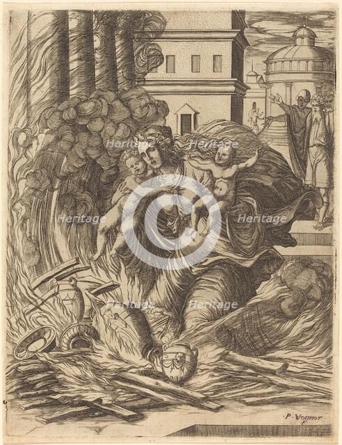 The Wife of Hasdrubal Throws Herself on the Fire. Creator: Pierre Woeiriot.