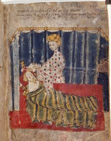 The wife of the Green Knight secretly visits Sir Gawain in his bedchamber, c1400-1410. Creator: Unknown