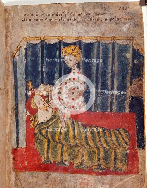 The wife of the Green Knight secretly visits Sir Gawain in his bedchamber, c1400-1410. Creator: Unknown.