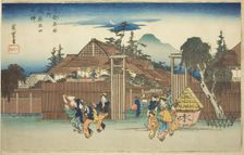 The Willow Tree at the Gate of Shimabara Pleasure Quarter (Shimabara deguchi no yanagi)..., c. 1834. Creator: Ando Hiroshige