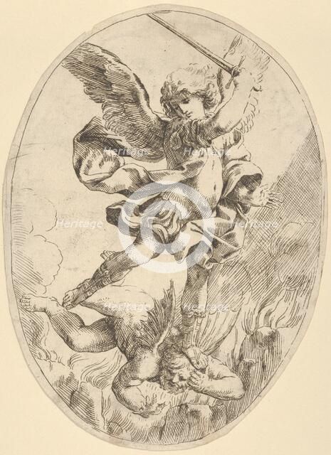 The winged archangel Saint Michael holding a sword and standing on the head of the devil, 1600-1640. Creator: Anon.