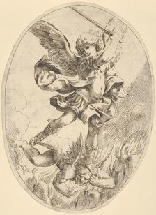 The winged archangel Saint Michael holding a sword and standing on the head of the devil, 1600-1640. Creator: Anon