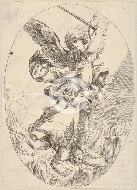 The winged archangel Saint Michael holding a sword and standing on the head of the devil, 1600-1640. Creator: Anon.
