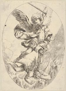 The winged archangel Saint Michael holding a sword and standing on the head of the devil, 1600-1640. Creator: Anon