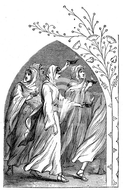 The Wise Virgins going to meet the bridegroom, their lamps shining brightly, 1883. Artist: Unknown