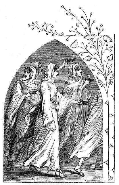 The Wise Virgins going to meet the bridegroom, their lamps shining brightly, 1883. Artist: Unknown