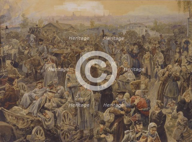 The withdrawal of Russian troops from Moscow in 1812, 1907. Artist: Lebedev, Vasili Petrovich (1880-?)