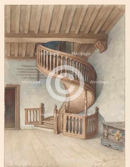 The wooden spiral staircase in the Gemeenlandshuis van Delfland, in Maassluis, 1901. Creator: Jan Striening.