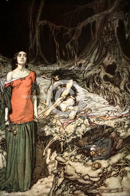 'The wooing of Grimhilde, the mother of Hagen', 1924.  Creator: Arthur Rackham.