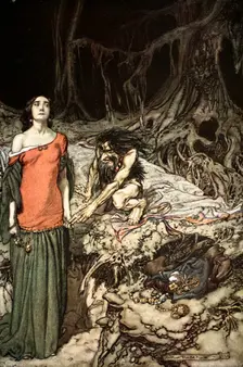 The wooing of Grimhilde, the mother of Hagen 1924. Creator: Arthur Rackham