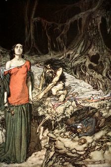 The wooing of Grimhilde, the mother of Hagen 1924. Creator: Arthur Rackham