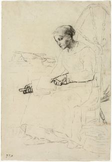 The Wool Carder (recto); Fragmentary Sketch of Man Standing by Fence (verso), 1857/58. Creator: Jean Francois Millet