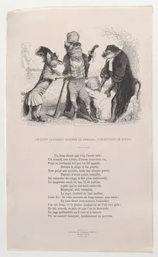 The Wolf pleading against the Fox, in front of the Monkey, ca. 1838. Creator: Jean Ignace Isidore Gerard