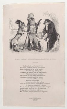 The Wolf pleading against the Fox, in front of the Monkey, ca. 1838. Creator: Jean Ignace Isidore Gerard
