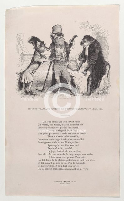The Wolf pleading against the Fox, in front of the Monkey, ca. 1838. Creator: Jean Ignace Isidore Gerard.