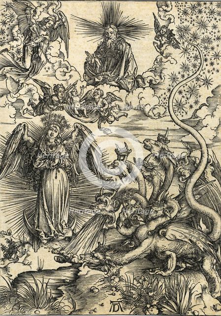 The woman of the Apocalypse and the seven-headed dragon. From Apocalypsis cum Figuris, 1498.