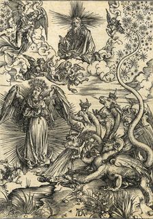 The woman of the Apocalypse and the seven-headed dragon. From Apocalypsis cum Figuris, 1498