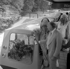 The Wombles with Lord Montagu at opening of Beaulieu Monorail 1974. Creator: Unknown