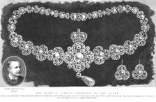 'The Women's Jubilee offering to the Queen, Pearl and Diamond Necklace and Earrings 1888. Creator: Unknown