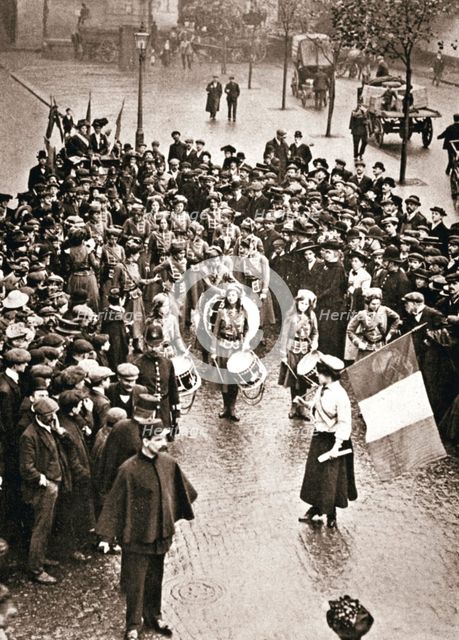 The Women's Social and Political Union fife and drum band out for the first time, 13 May 1909. Creator: Unknown.