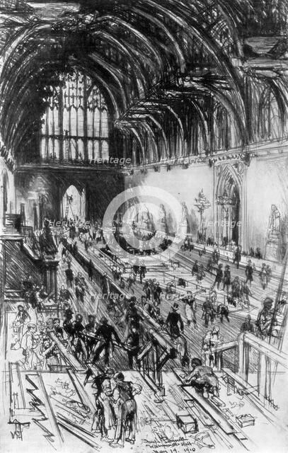 'The Workmen in Possession', Westminster Hall, London, 1910.Artist: Joseph Pennell